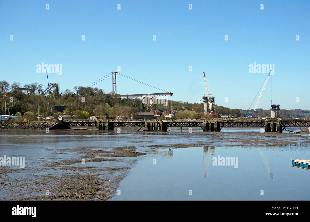 Progress in building the Queensferry Crossing over the Firth of Forth between Lothian and Fife in Scotland Stock Photo