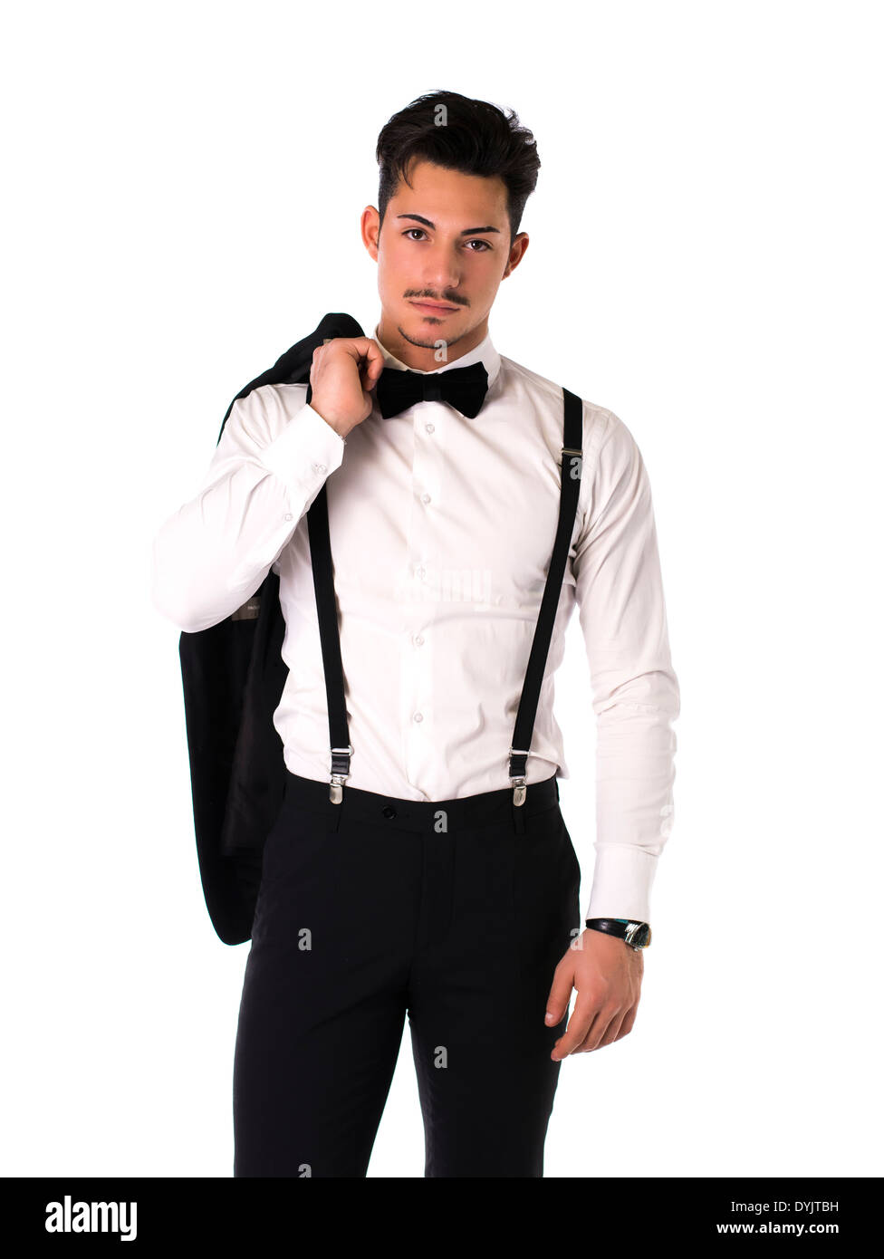 Handsome elegant young man with suit, bow-tie and mustache, isolated on ...