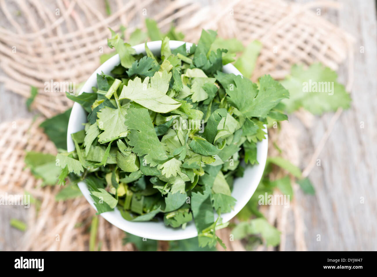 Portion of fresh green Cilantro leaves on wooden background Stock Photo