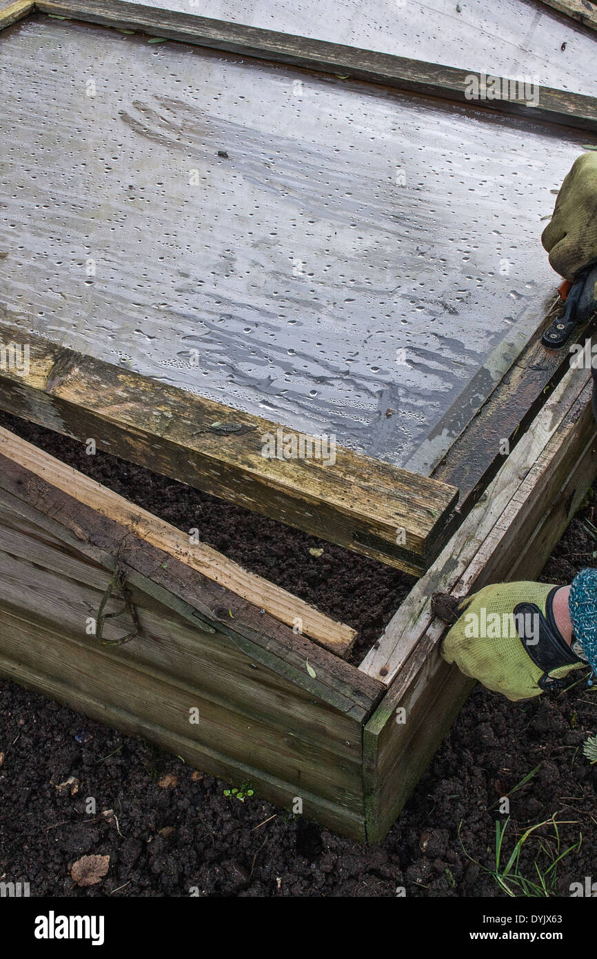 COLD FRAME WARMING UP THE SOIL IN A VEGETABLE PLOT Stock Photo