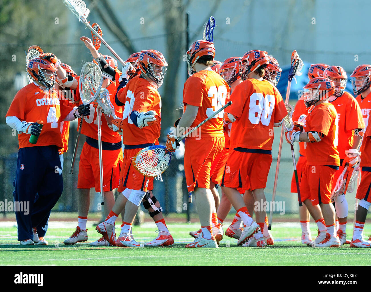 Geneva, New York, USA. 19th Apr, 2014. April 19, 2014 Syracuse Orange players celebrate