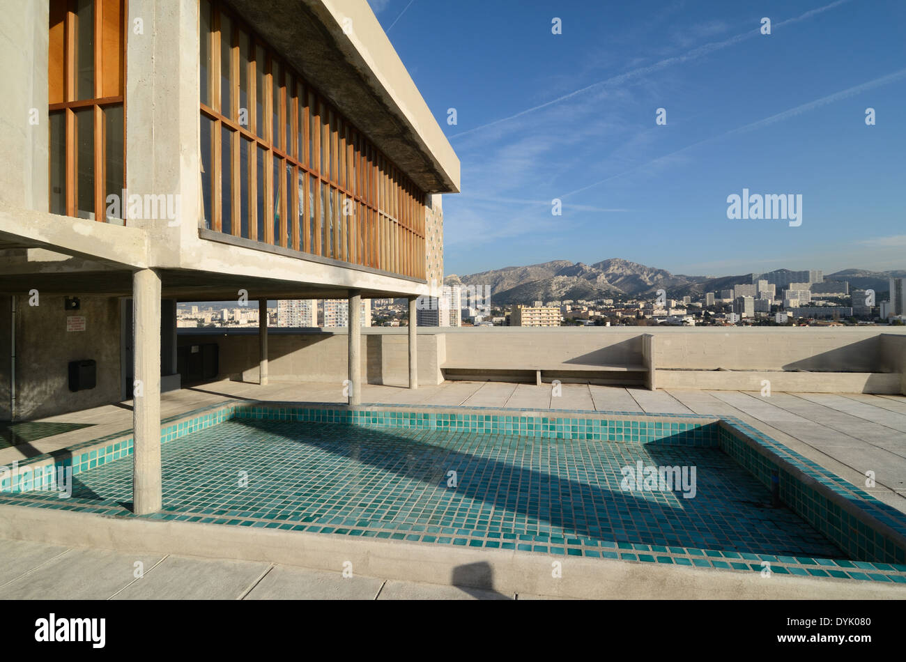 Roof Terrace & Pool of the Cité Radieuse or Unité d'Habitation by Le Corbusier Marseille or Marseilles France Stock Photo