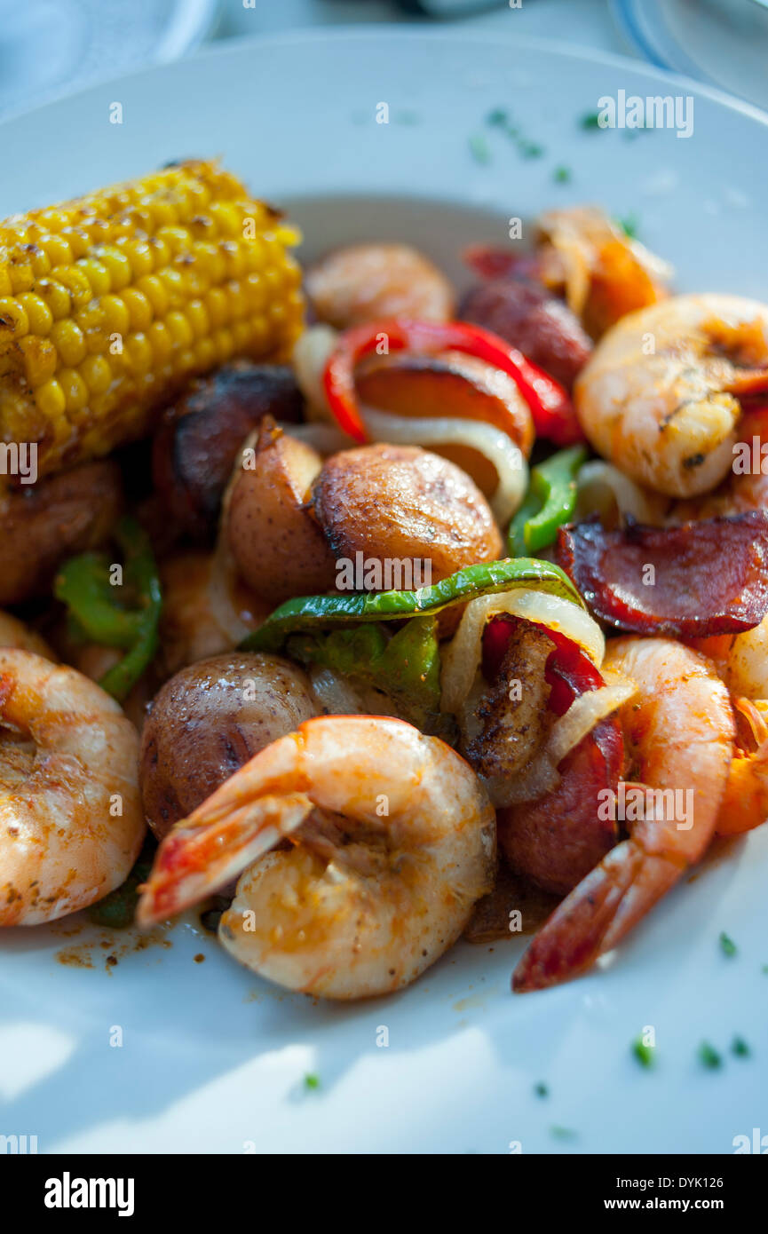 USA Food Low Country Boil Savannah GA seafood shrimp clams corn sausage and potatoes