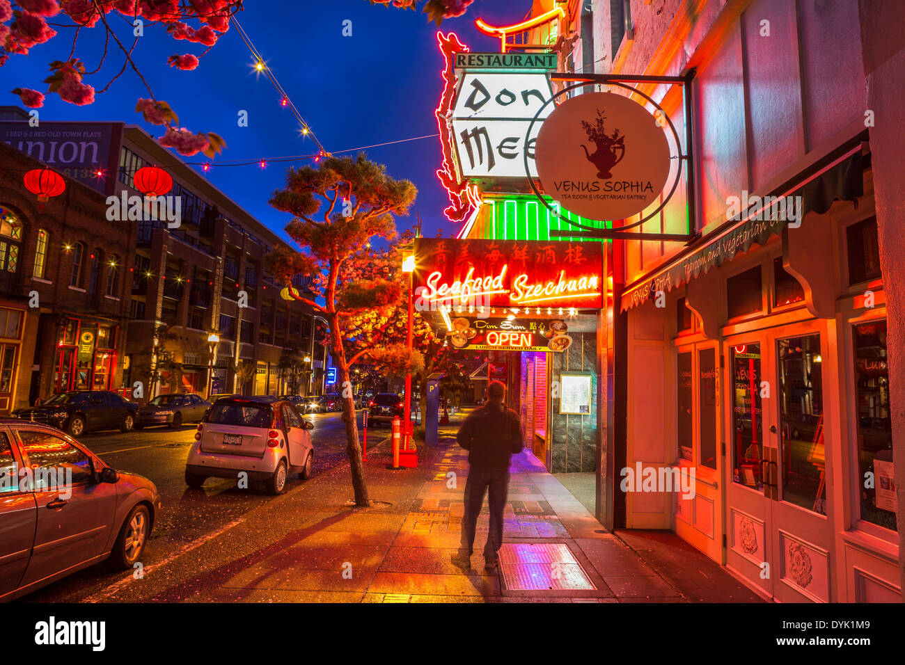 Man standing on street outside Chinese restaurant lit up at night-Victoria, British Columbia, Canada. Stock Photo