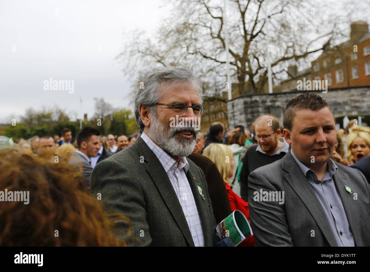 Dublin, Ireland. 20th April 2014. Sinn Fein president Gerry Adams is pictured in the commemoration march. Sinn Fein president Gerry Adams led the Sinn Fein commemoration of the 98th anniversary of the Easter Rising of 1916. The party supporters marched from the Garden of Remembrance to the General Post office (GPO) for a rally. Credit:  Michael Debets/Alamy Live News Stock Photo