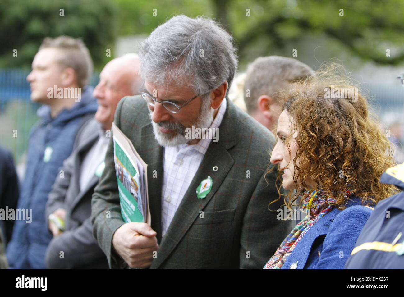 Dublin, Ireland. 20th April 2014. Sinn Fein president Gerry Adams talks with Lynn Boylan, Sinn Fein MEP election candidate for the 2014 election. Sinn Fein president Gerry Adams led the Sinn Fein commemoration of the 98th anniversary of the Easter Rising of 1916. The party supporters marched from the Garden of Remembrance to the General Post office (GPO) for a rally. Credit:  Michael Debets/Alamy Live News Stock Photo