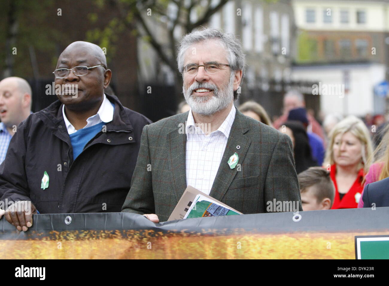 Dublin, Ireland. 20th April 2014. Sinn Fein president Gerry Adams walks on the top of the commemoration march. Sinn Fein president Gerry Adams led the Sinn Fein commemoration of the 98th anniversary of the Easter Rising of 1916. The party supporters marched from the Garden of Remembrance to the General Post office (GPO) for a rally. Credit:  Michael Debets/Alamy Live News Stock Photo
