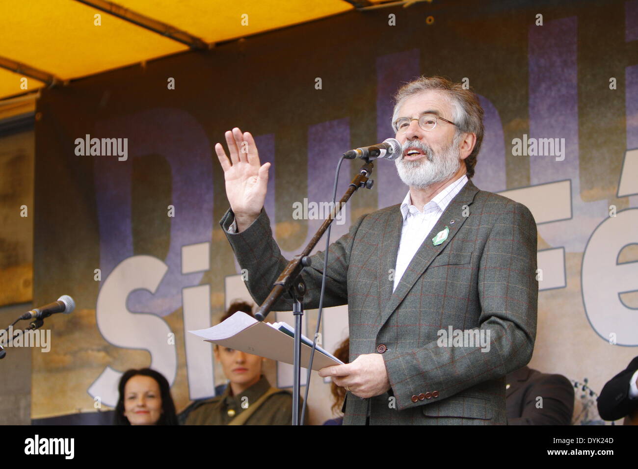 Dublin, Ireland. 20th April 2014. Sinn Fein president Gerry Adams addresses the commemoration. Sinn Fein president Gerry Adams led the Sinn Fein commemoration of the 98th anniversary of the Easter Rising of 1916. The party supporters marched from the Garden of Remembrance to the General Post office (GPO) for a rally. Credit:  Michael Debets/Alamy Live News Stock Photo