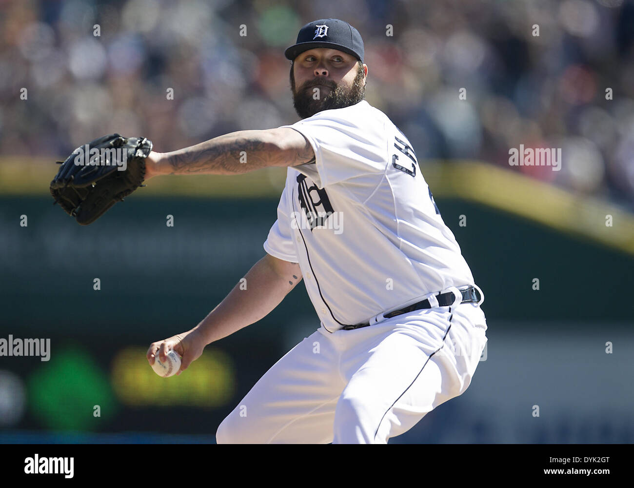 Detroit, Michigan, USA. 19th Apr, 2014. April 19, 2014: Detroit Tigers pitcher Joba Chamberlain (44) delivers pitch during MLB game action between the Los Angeles Angels and the Detroit Tigers at Comerica Park in Detroit, Michigan. The Tigers defeated the Angels 5-2. © csm/Alamy Live News Stock Photo