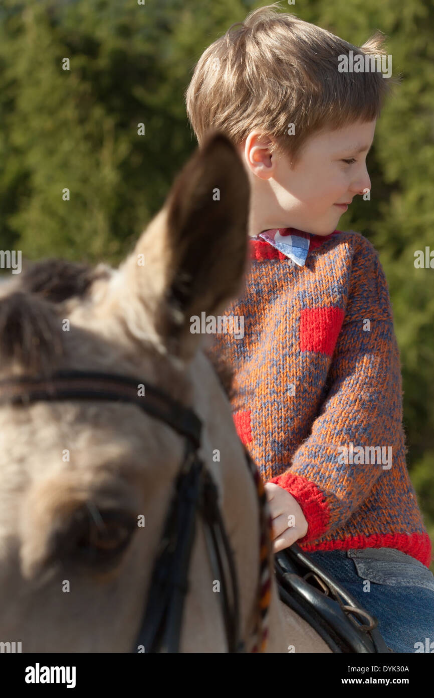 Brave little boy sitting on horseback outdoors Stock Photo