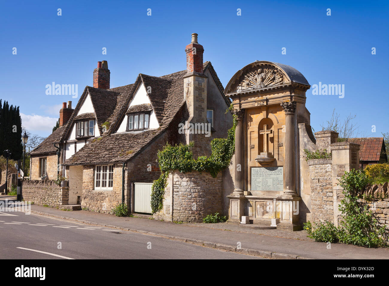 Lacock village, Wiltshire, UK. Traditional cottages. sunny day, blue sky Stock Photo