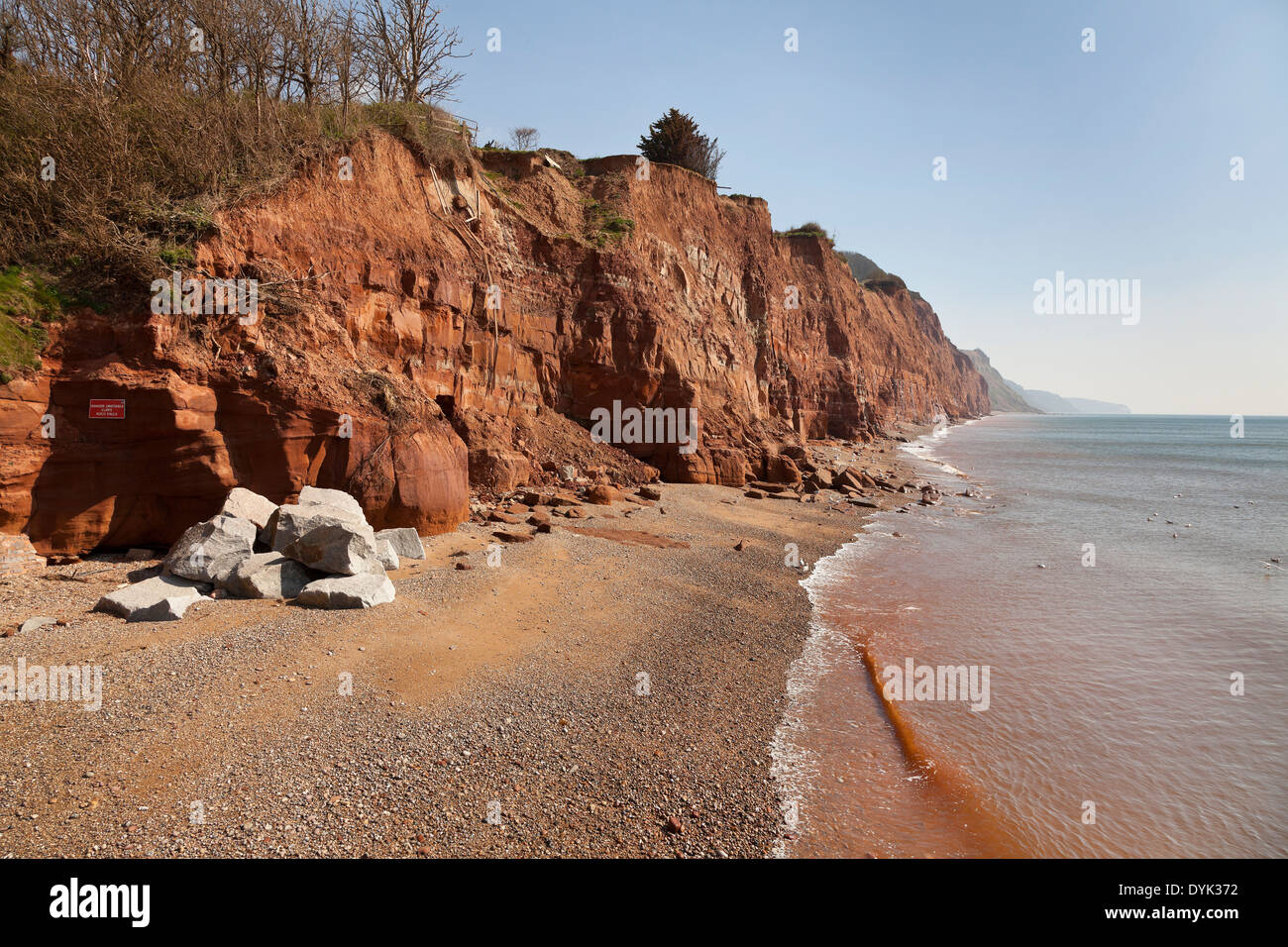 Jurassic coastal cliffs and shoreline at Sidmouth, Devon, showing strata, looking East Stock Photo