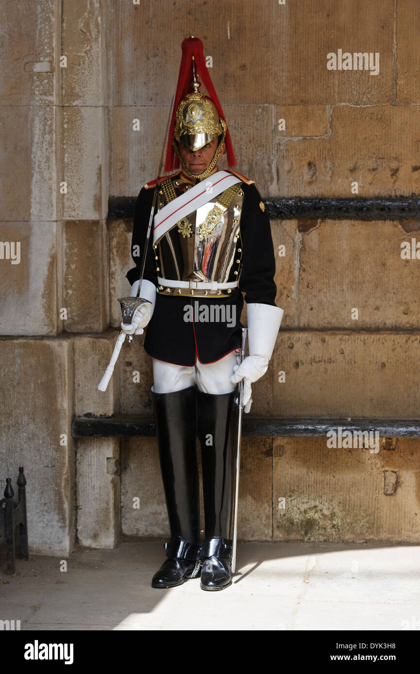 A member of the Royal Horse Guards (Blues) Regiment on sentry duties at the Horse  Guards Whitehall, London, England. Stock Photo