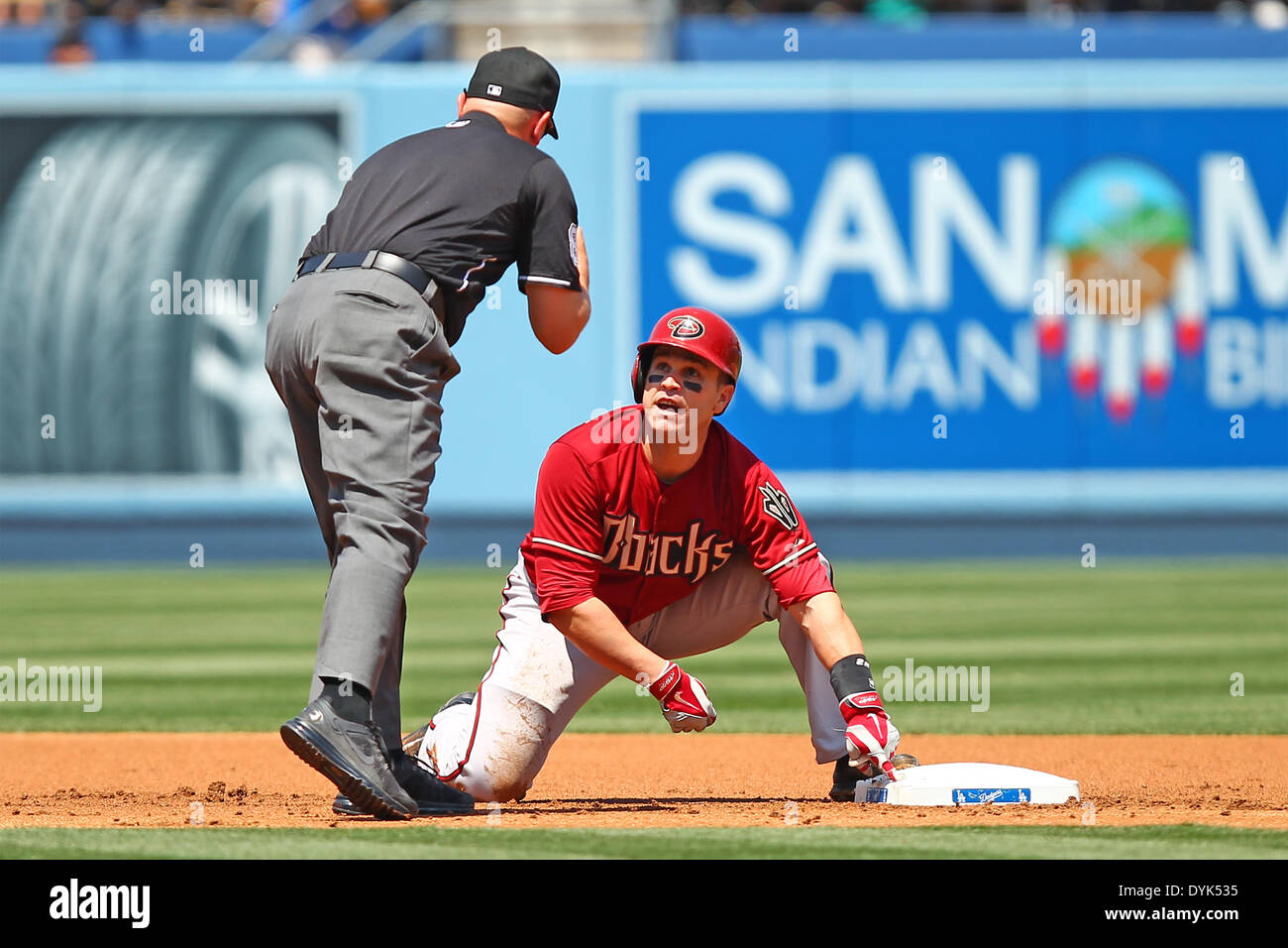 Los Angeles, California, USA. 20th Apr, 2014. April 20, 2014 Los Angeles, California: Arizona Diamondbacks catcher Miguel Montero (26) contests the umpires call of out at second during the Major League Baseball game between the Arizona Diamondbacks and the Los Angeles Dodgers at Dodger Stadium on April 20, 2014 in Los Angeles, California. Rob Carmell/CSM/Alamy Live News Stock Photo