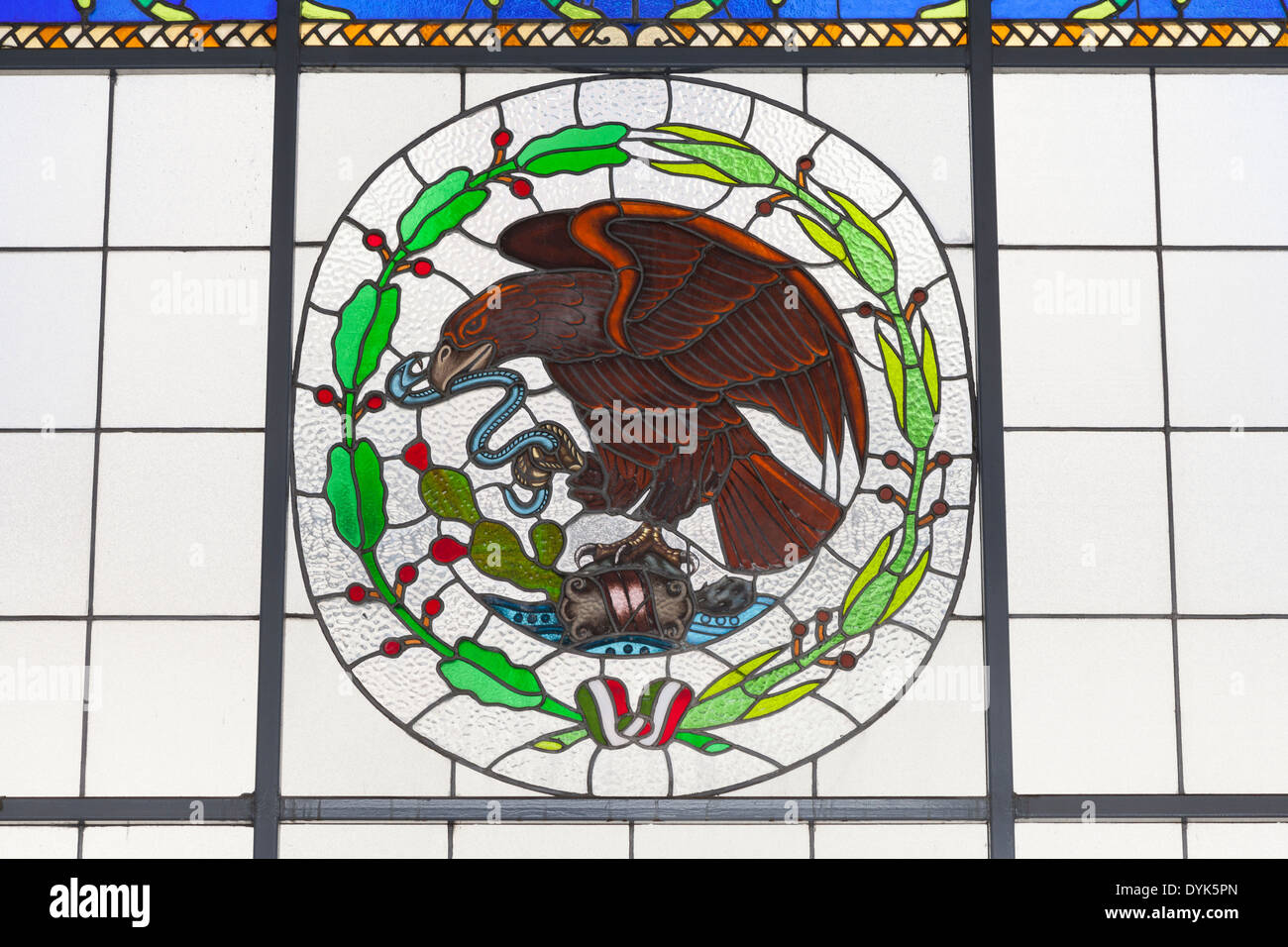 Stained glass window depicting the coat of arms of Mexico in Chapultepec Castle Stock Photo