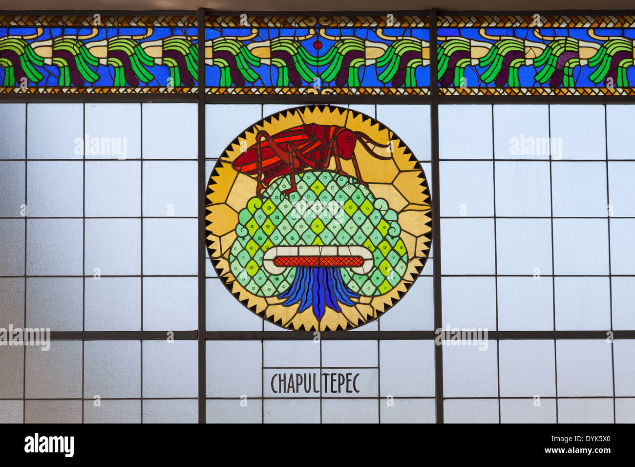 Stained glass window depicting the namesake chapulin in Chapultepec Castle Stock Photo