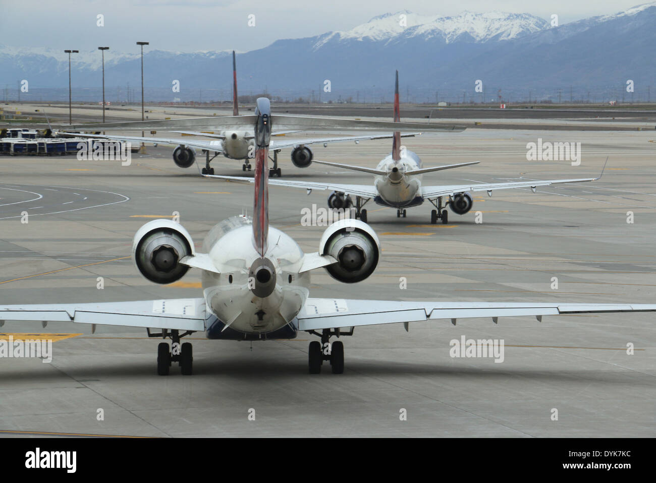 Jet airliners in line on tarmac airport Salt Lake City Utah Stock Photo