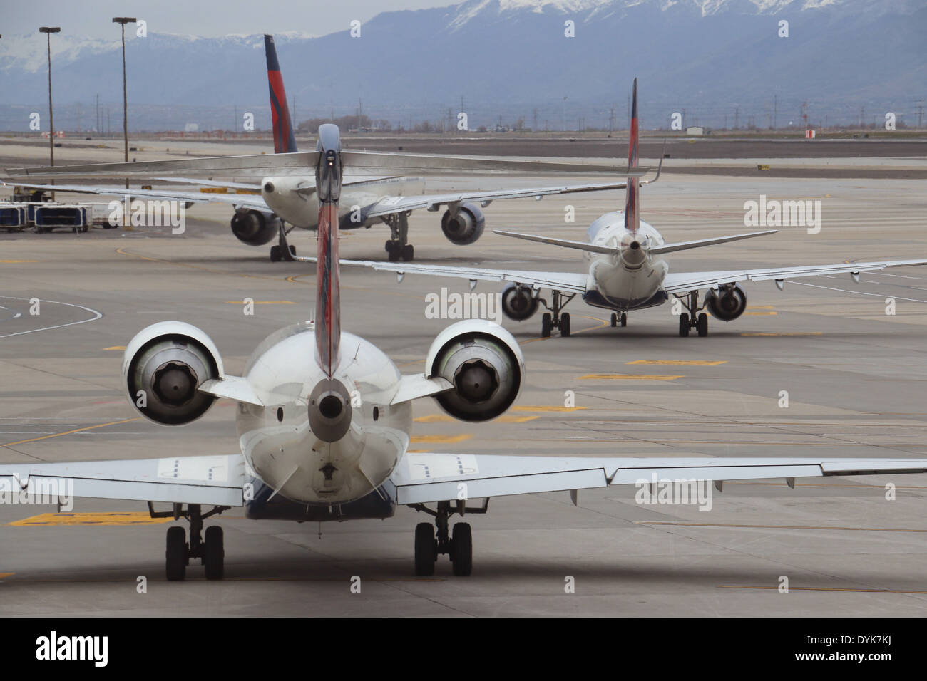 Jet airliners in line on tarmac airport Salt Lake City Utah Stock Photo