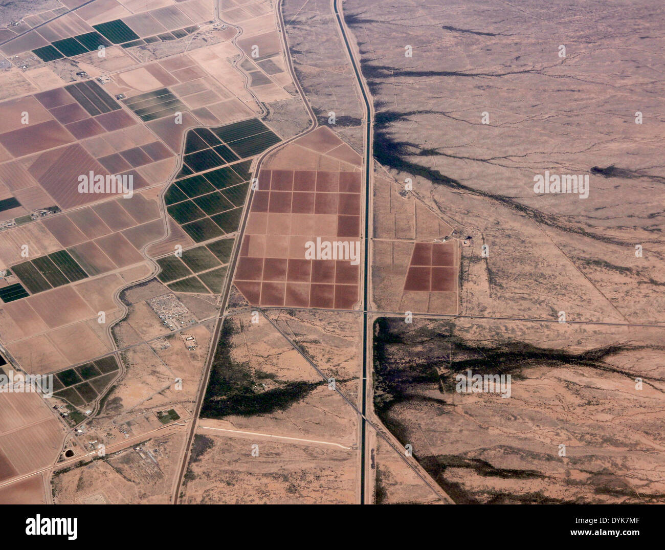 aerial Irrigated farm field in desert near Phoenix Arizona Stock Photo