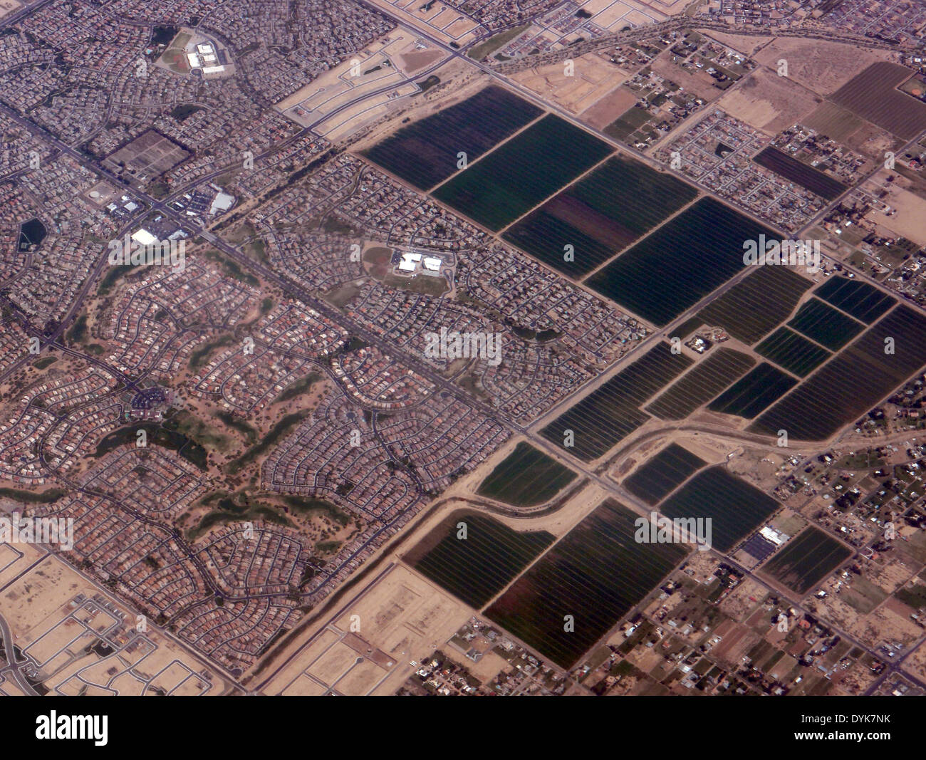 aerial Irrigated farm fields in desert near Phoenix Arizona Stock Photo