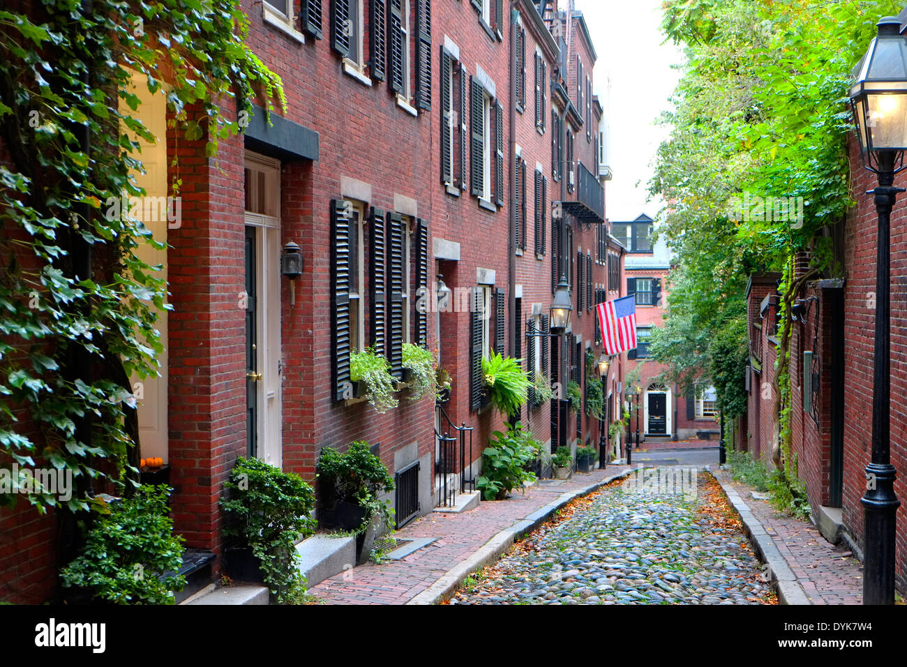 Historic Acorn Street on Beacon Hill in downtown Boston Massachusetts MA Stock Photo