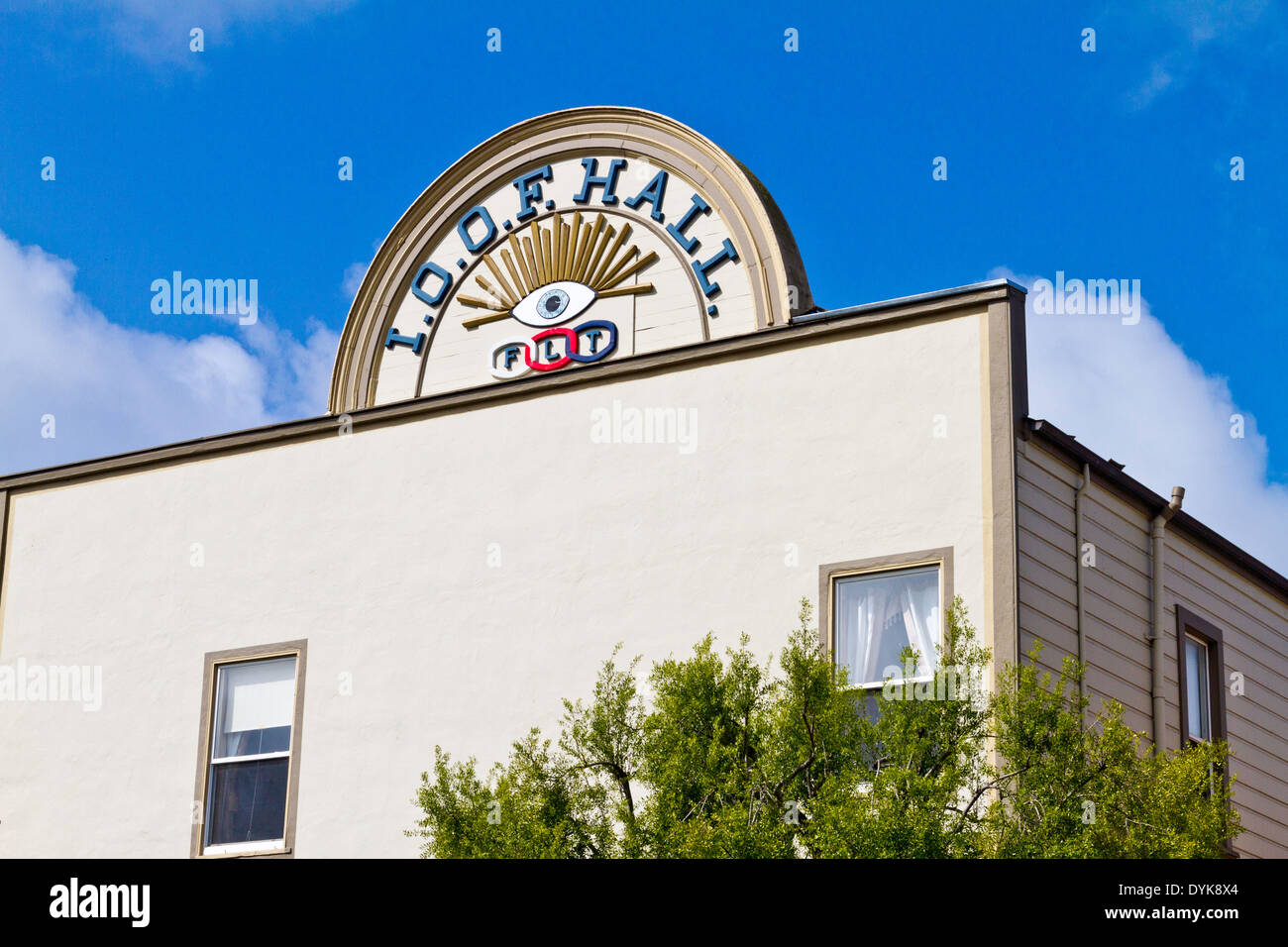 Independent Order of Odd Fellows Hall in Half Moon Bay, California, showing view of logo on the building. Stock Photo