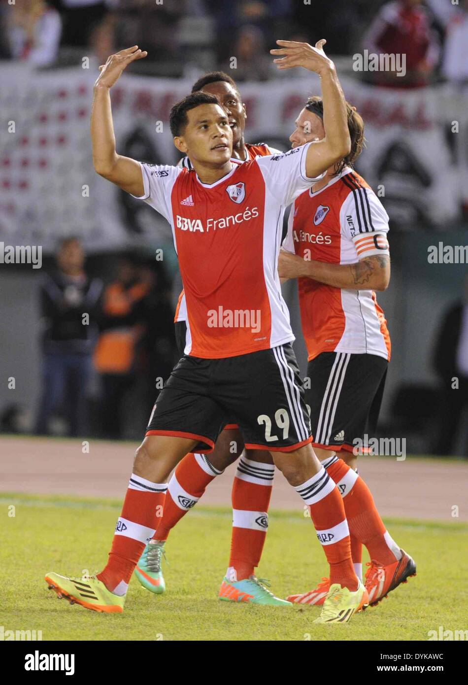 Buenos Aires, Argentina. 20th Apr, 2014. River Plate's player Teofilo Gutierrez(FRONT) celebrates scoring during a Final Tournament 2014 match against Velez Sarsfield in Buenos Aires, Argentina, April 20, 2014. © Maximiliano Luna/TELAM/Xinhua/Alamy Live News Stock Photo