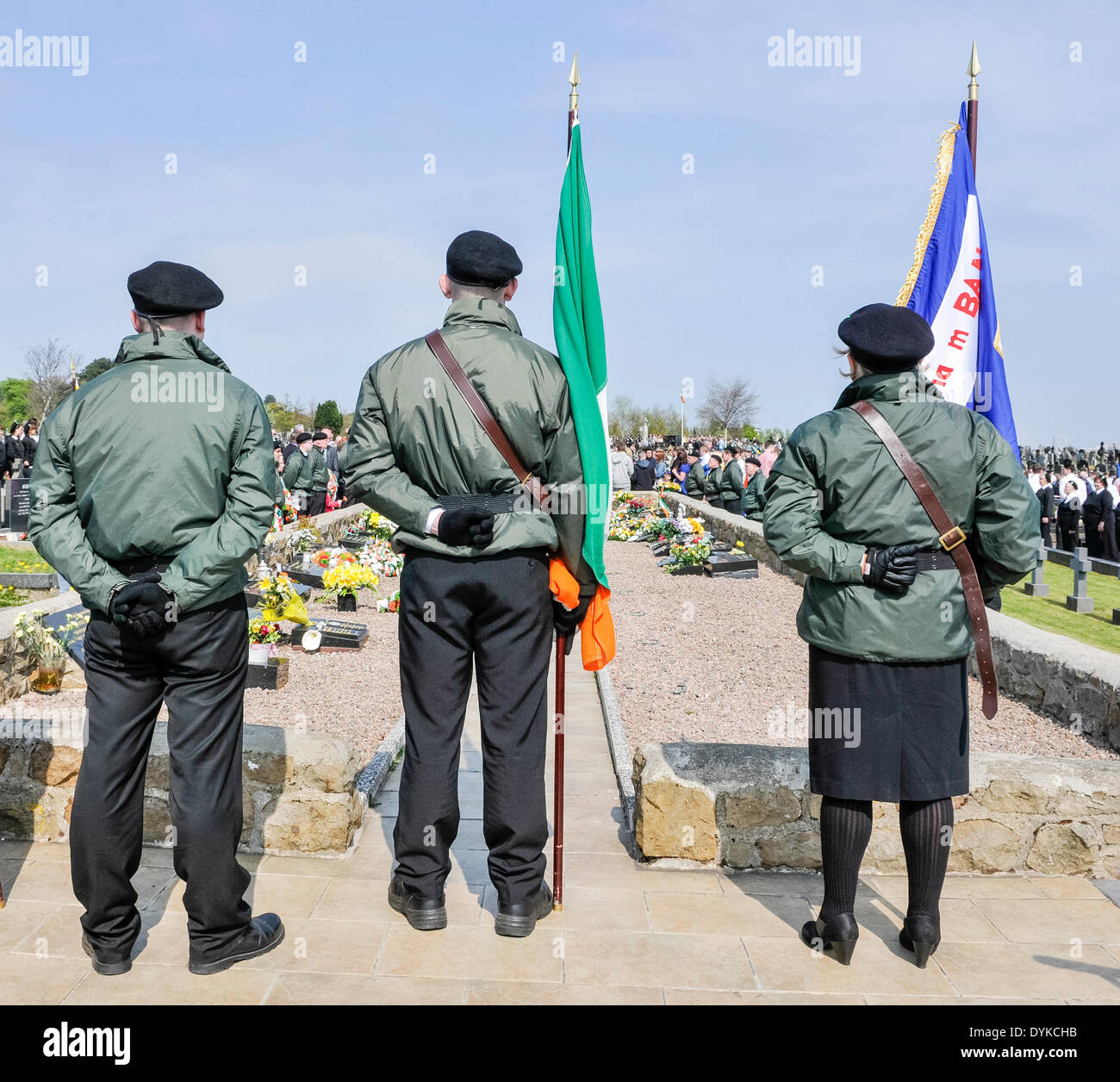 Irish Republicans gather at the IRA Antrim burial plot to remember the IRA volunteers who died during the troubles, during the Easter Rising commemeration parade. Stock Photo