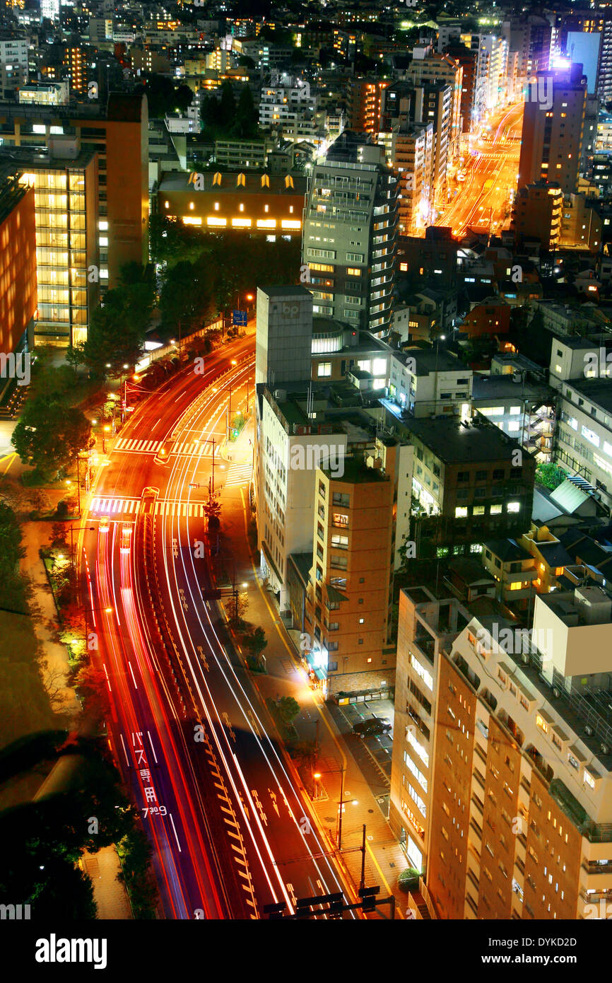 Traffic of Tokyo night from sky view Stock Photo