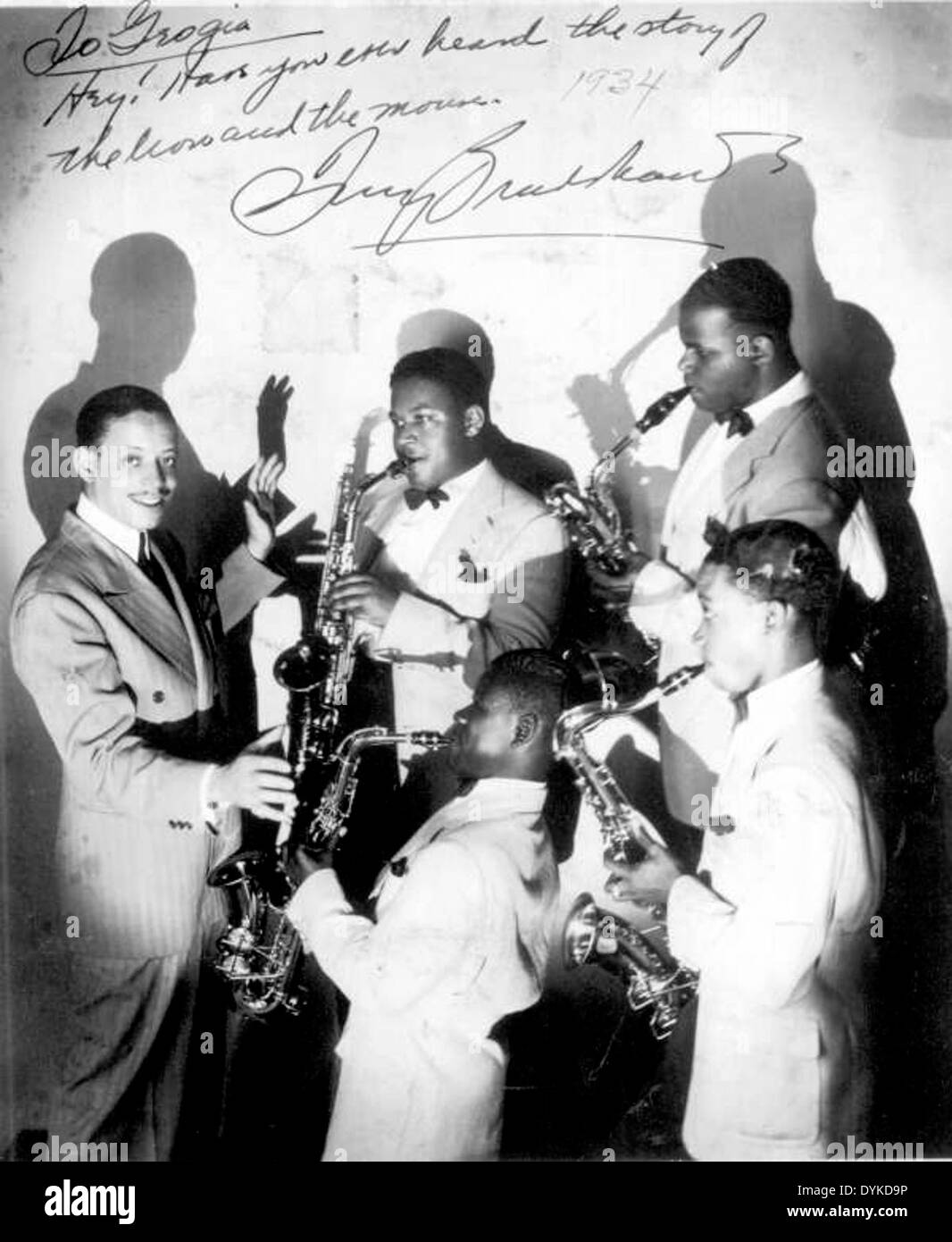 Tiny Bradshaw with saxophone players from his band Stock Photo