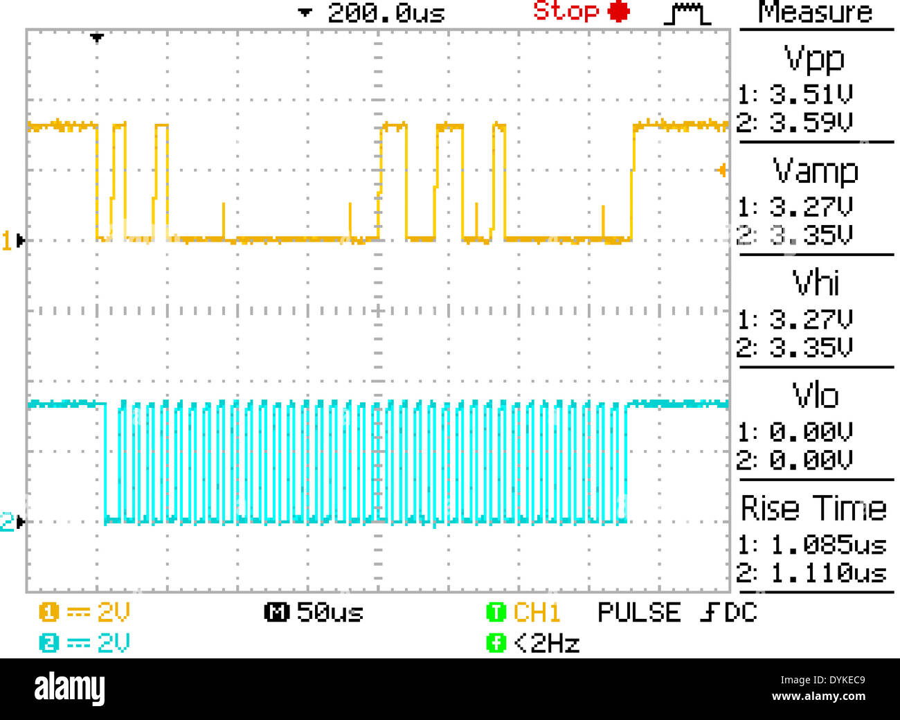 Oscilloscope screen grab showing capture of 4-byte i2c format serial data burst Stock Photo