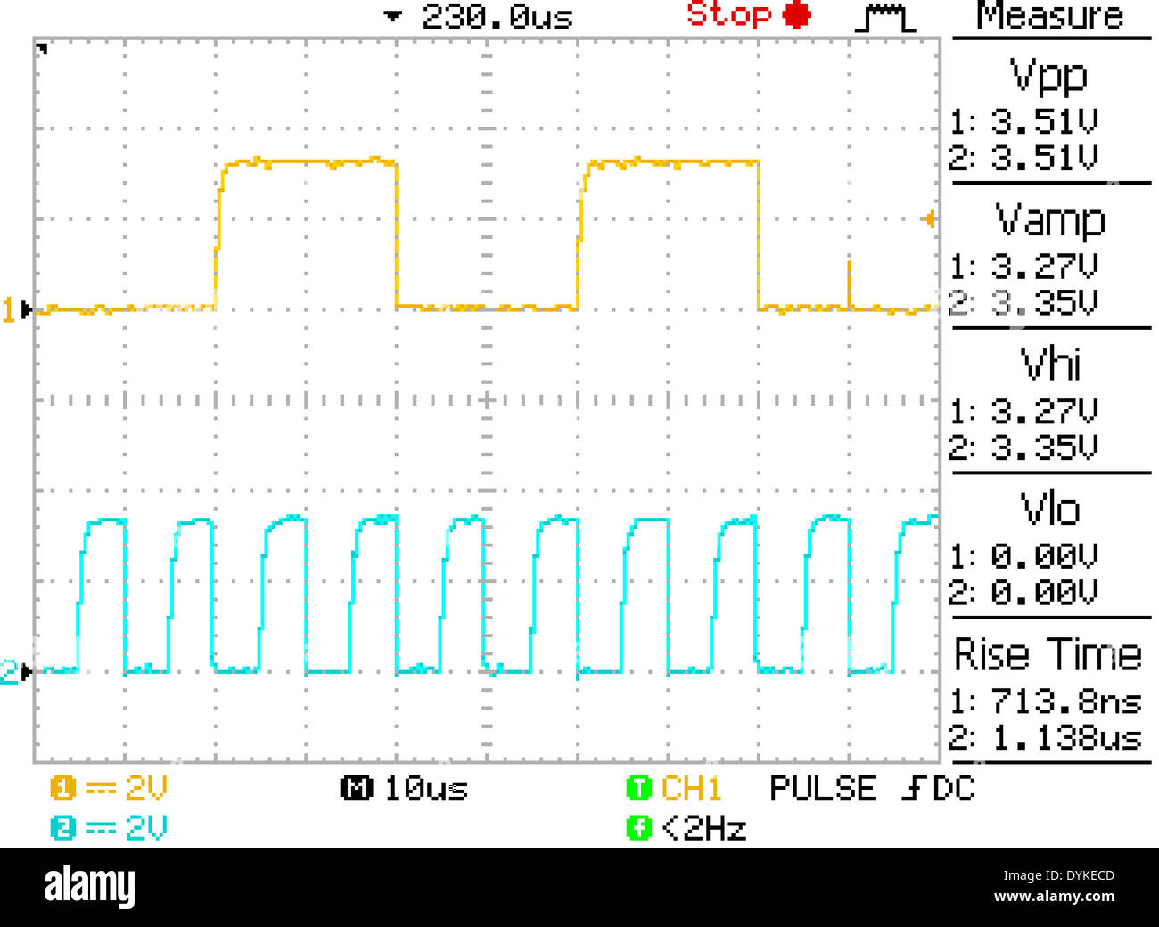 Oscilloscope screen grab showing a mid-packet byte from an i2c format serial data burst Stock Photo