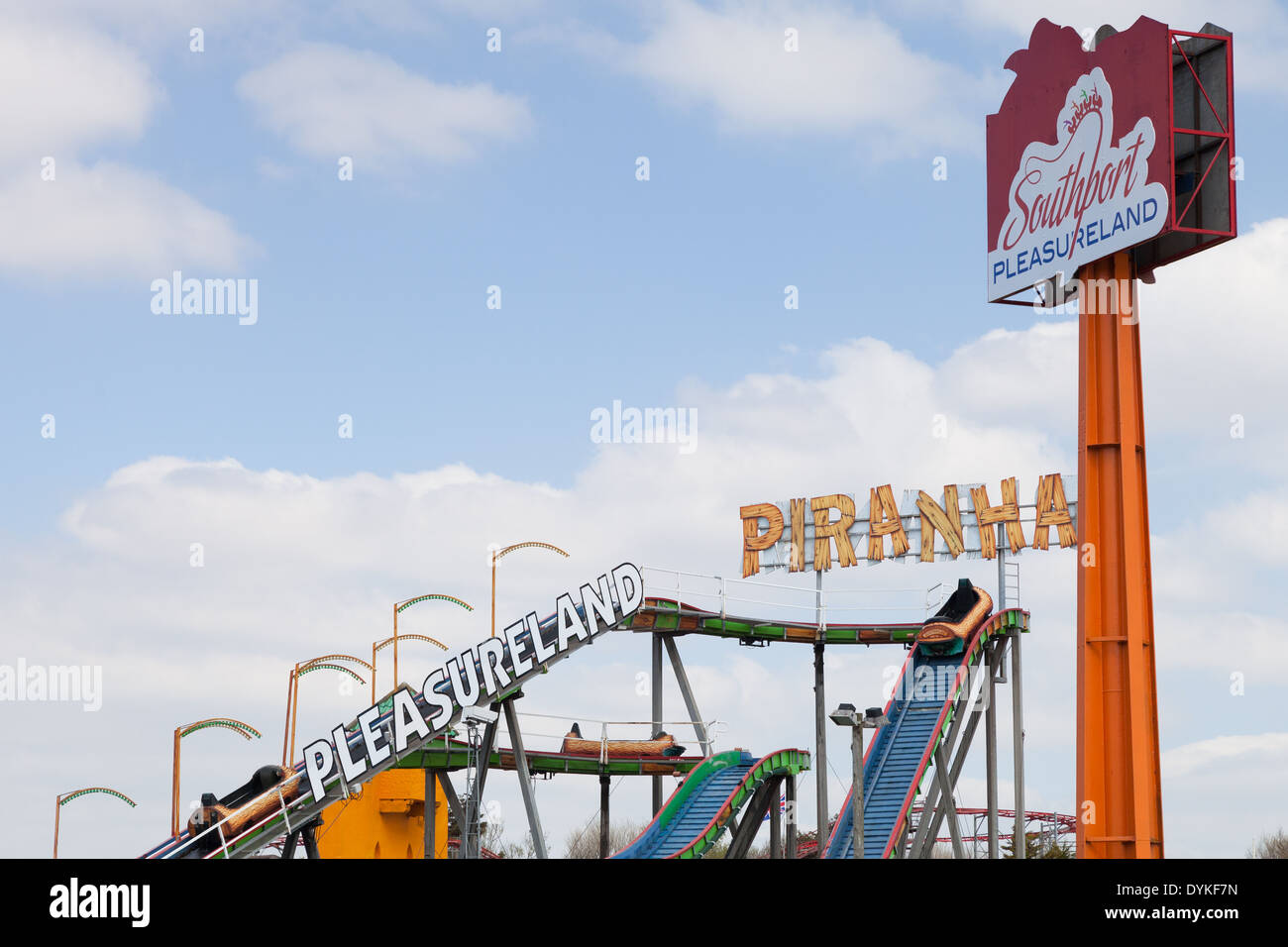 The Southport Pleasureland sign and 'Piranha' roller coaster. Stock Photo