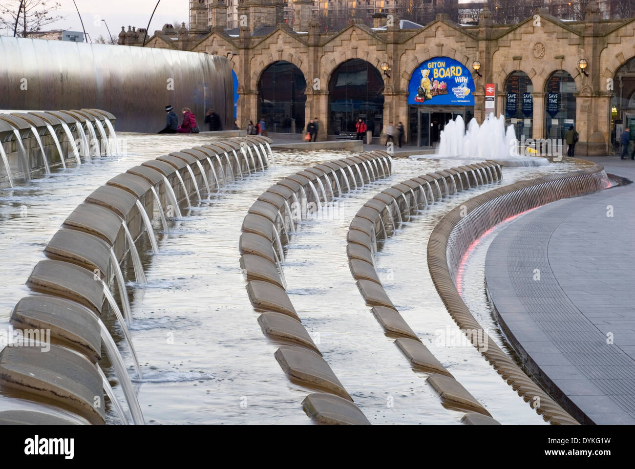 Sheffield Station, Sheffield, UK 02 Mar 2013: Train station viewed from Sheaf Square with the Cascades water feature fountain Stock Photo