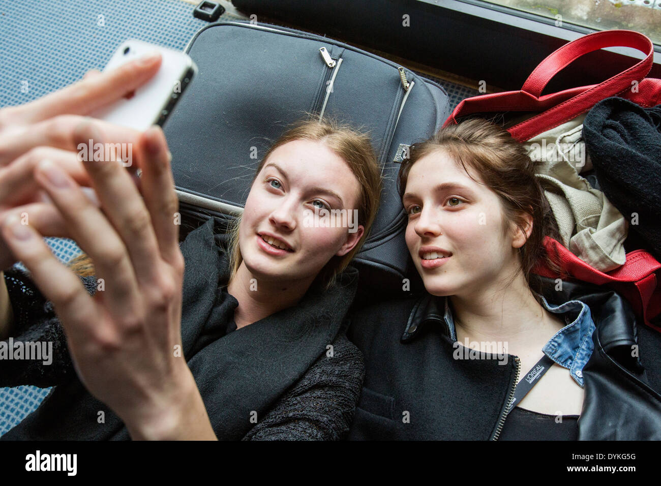 Selfie, models, backstage, phone Stock Photo