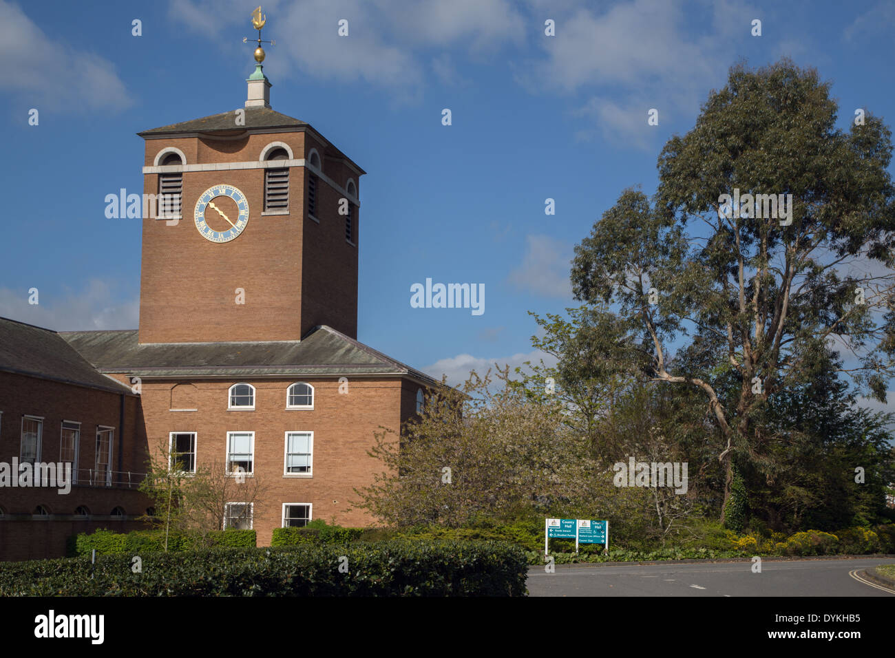 The clock tower of Devon County Council's County Hall building in