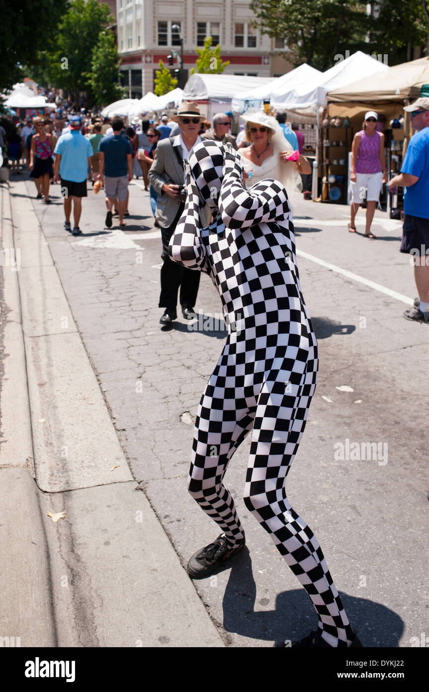 Person in a full body spandex suit costume at the 2013 Belle Share festival in Asheville, North Carolina Stock Photo