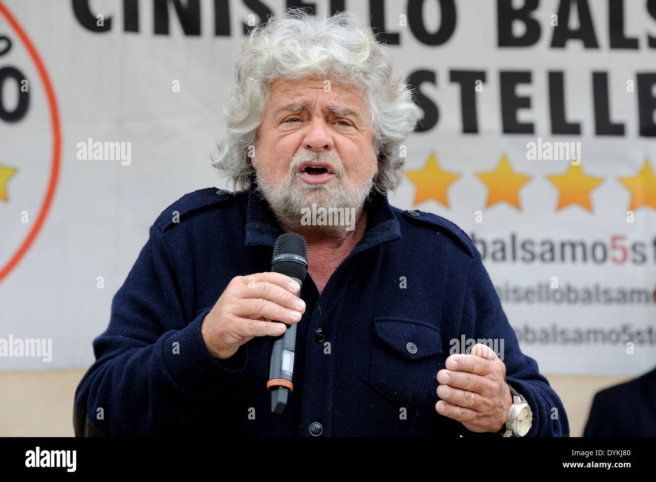 Beppe Grillo during a political meeting in a square (five stars movement), close-up. Stock Photo