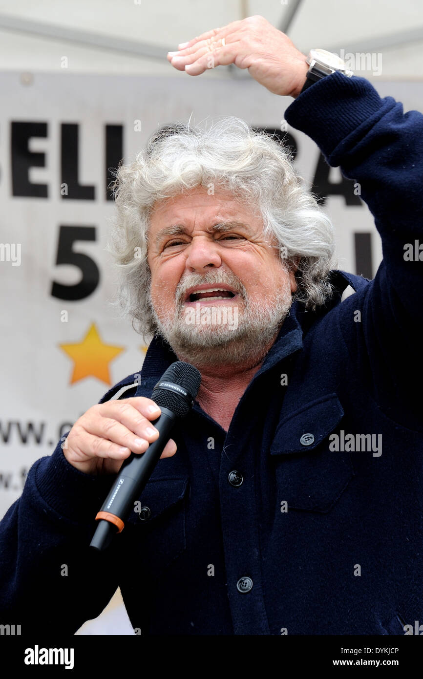 Beppe Grillo during a political meeting in a square (five stars movement), close-up. Stock Photo