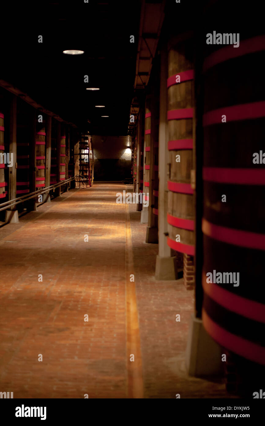 hall showing the traditional beer brewing wooden barrels for the