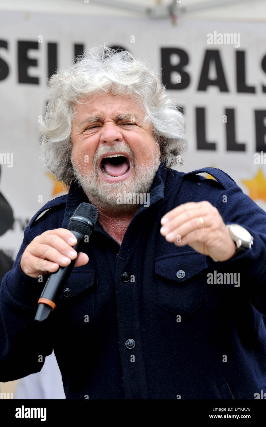 Beppe Grillo during a political meeting in a square (five stars movement), close-up angry. Stock Photo