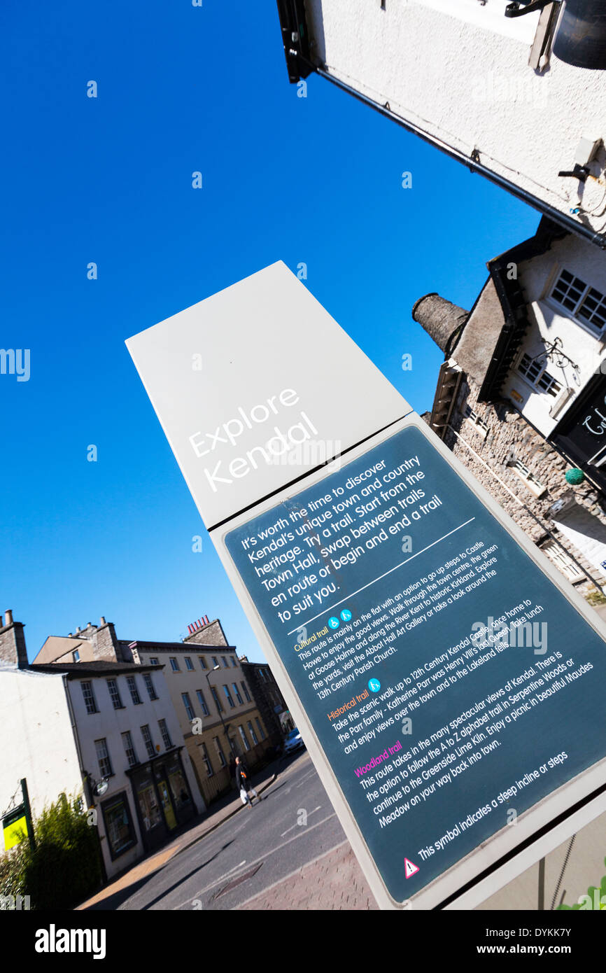 Explore Kendal town sign visitor info information board Yorkshire Dales National Park, UK
