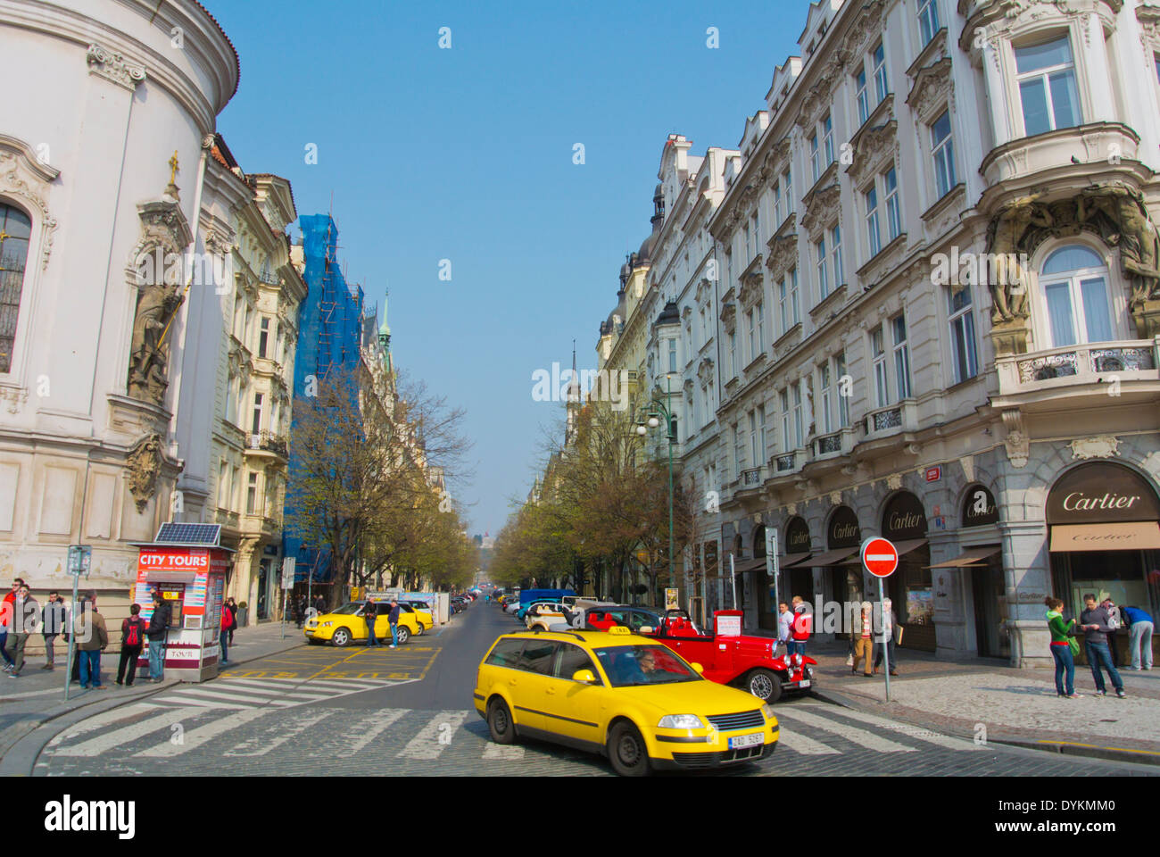 Taxi, corner of Parizska street and Staromestske namesti, Old town square,Stare mesto, Old town, Prague, Czech Republic, Europe Stock Photo