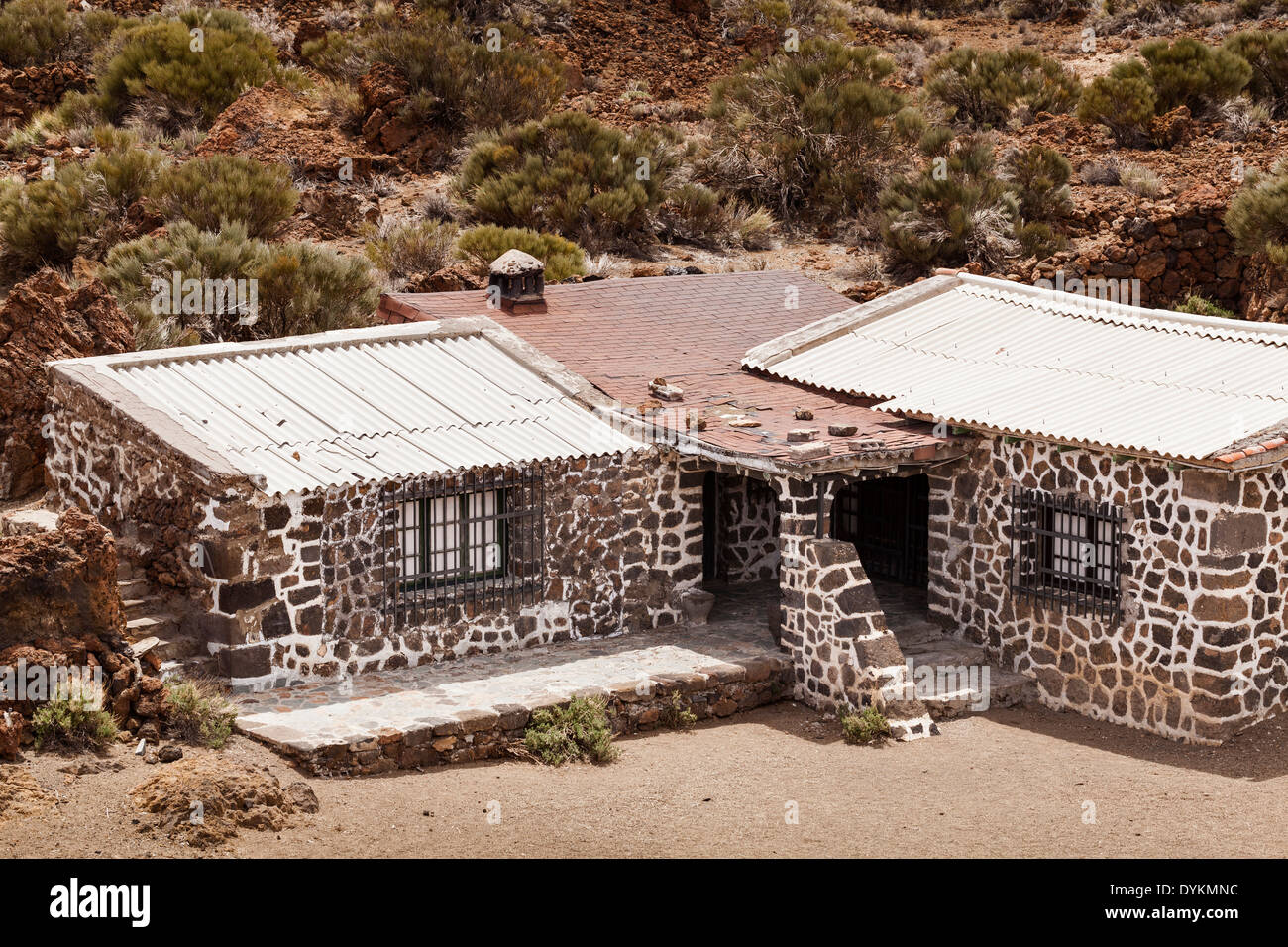 Old sanitorium buildings used by TB sufferers for recuperation inside the Las Canadas del Teide national park, Tenerife, Stock Photo