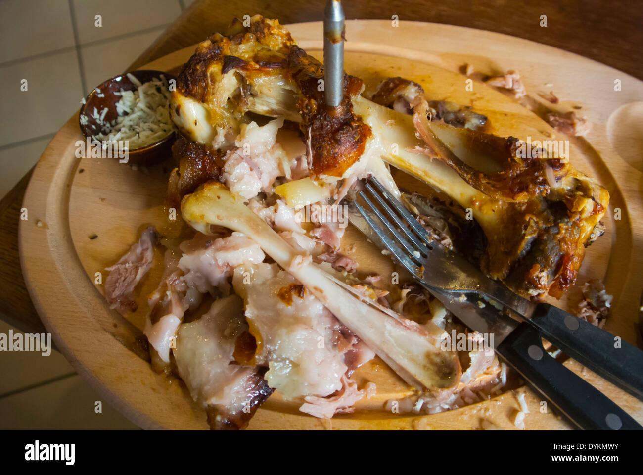 Finished pork knuckle, pork knee, Schweinshaxe, Koleno, Prague, Czech