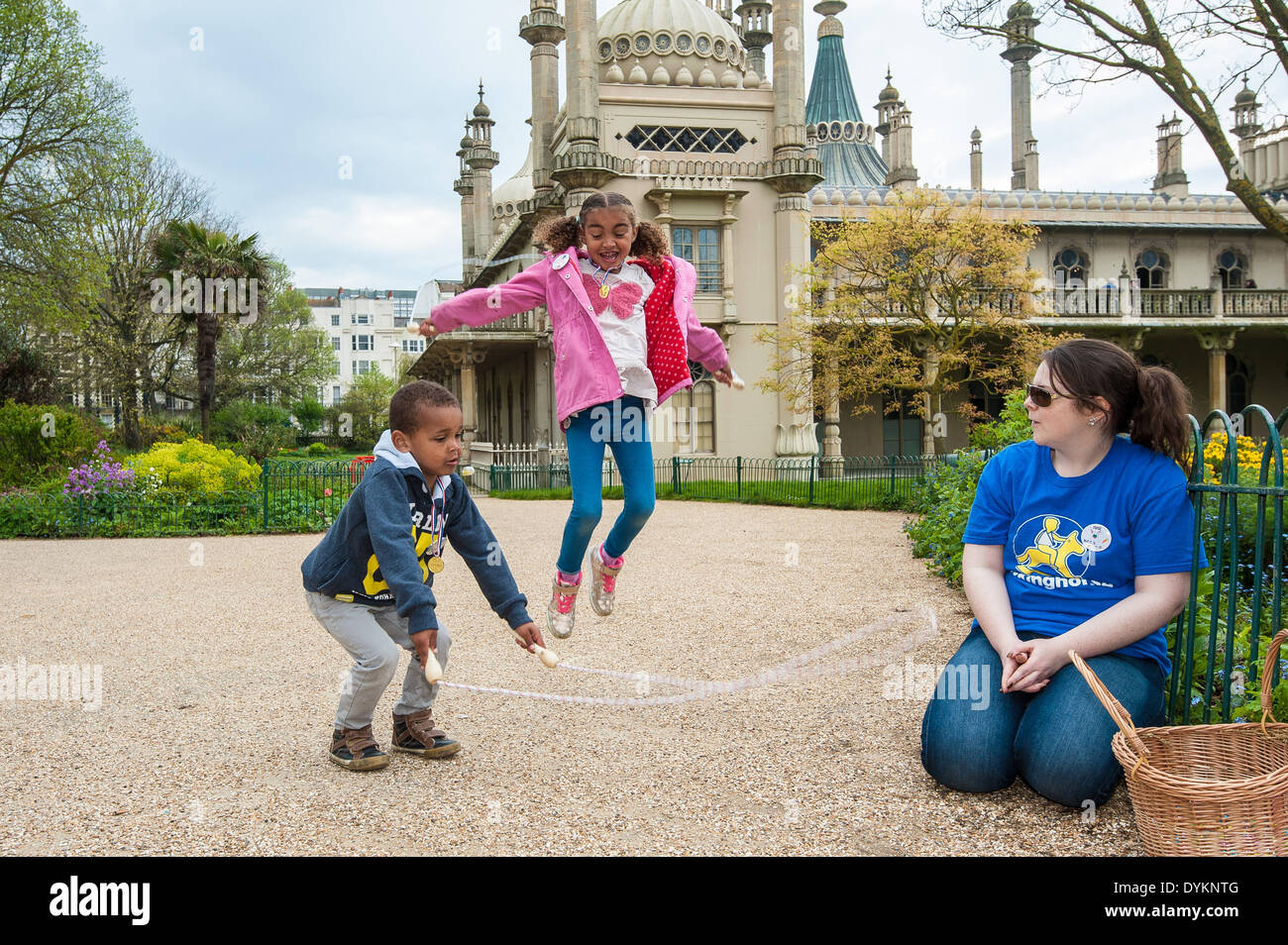 Brighton, UK. 21st Apr, 2014. John and Brechen Harman-Farquharson skipping at the Easter egg games as Brighton & Hove Food and Drink Festival hold an Easter Egg hunt in aid of the children's charity Rockinghorse in Pavilion Gardens, Brighton. Children complete games to find Easter eggs around the Brighton Pavilion gardens: egg and spoon race, skipping, quoits and card games before making a badge and receiving a medal for their efforts. The event is sponsored by PHS Group PLC and raises over £400 for the Rockinghorse charity.  Credit:  Julia Claxton/Alamy Live News Stock Photo