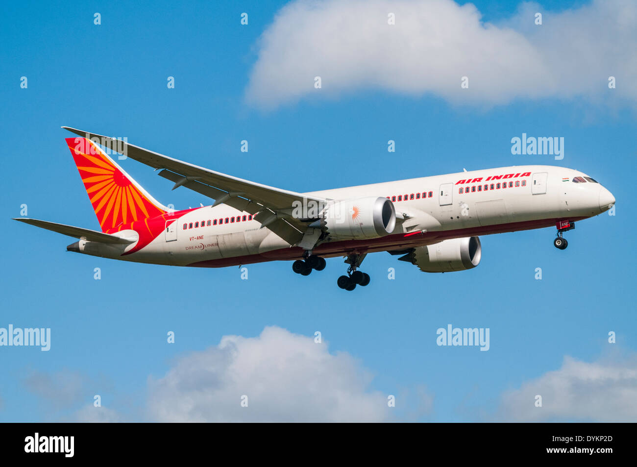 Side view of an Air India Boeing 787 Dreamliner aircraft on approach to land with landing gear down Stock Photo