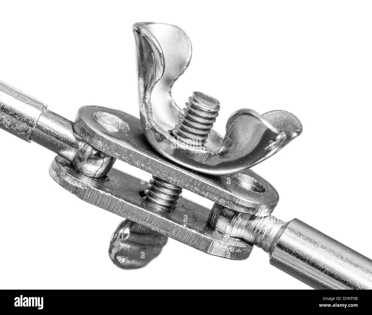 Closeup of a Wing nut or metallic clamp on a white background. Stock Photo