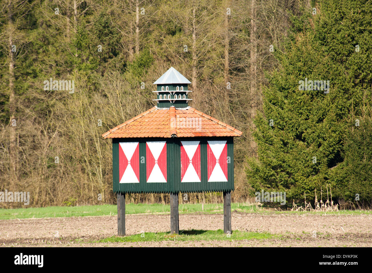 Large rustic pigeon house in a grassland agains forest Stock Photo