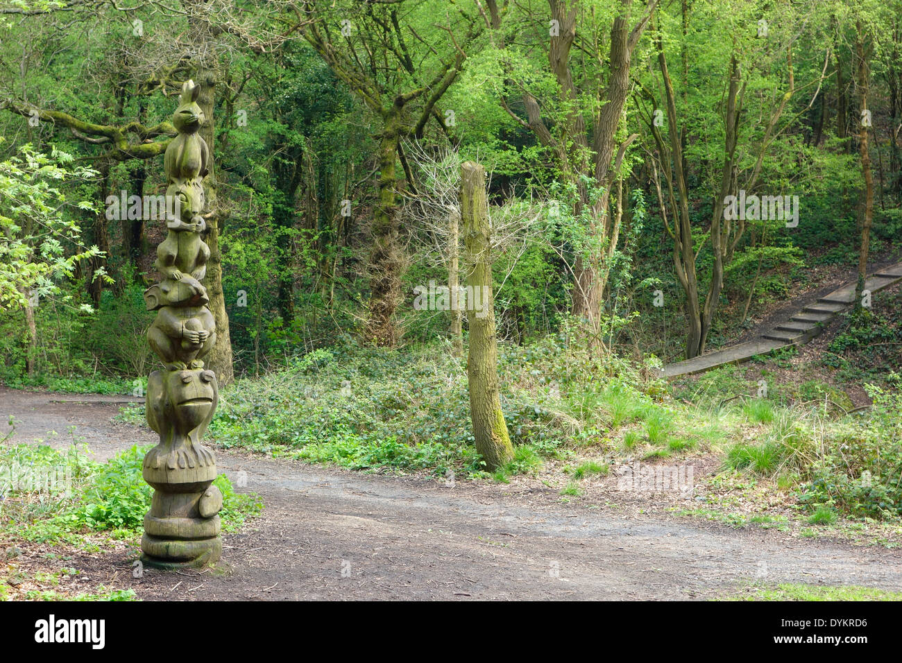 Sculptures at Saltwells Wood Local Nature Reserve, Quarry Bank, West Midlands, England, UK. Part of the Sculpture Trail Walk. Stock Photo
